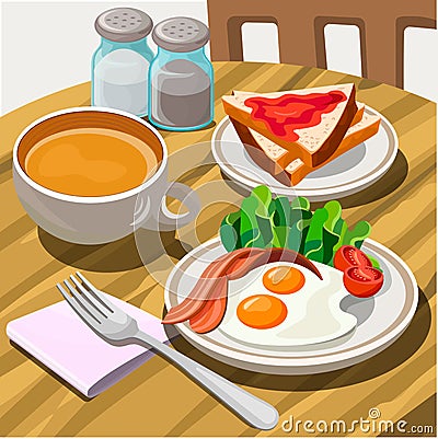 egg for breakfast with salad and coffee, sweet toast Vector Illustration